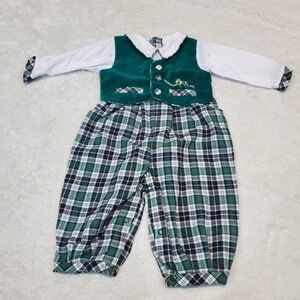 VTG‎ Small Set Green Vest Velvet Tartan Plaid Wool Romper Baby Boy 6 9 months